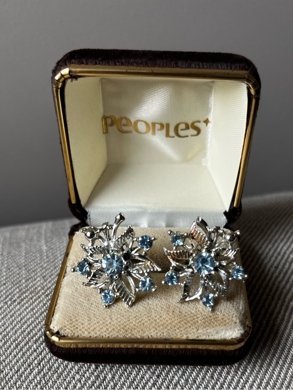 Vintage Silver Floral Earrings with Light Blue Stones